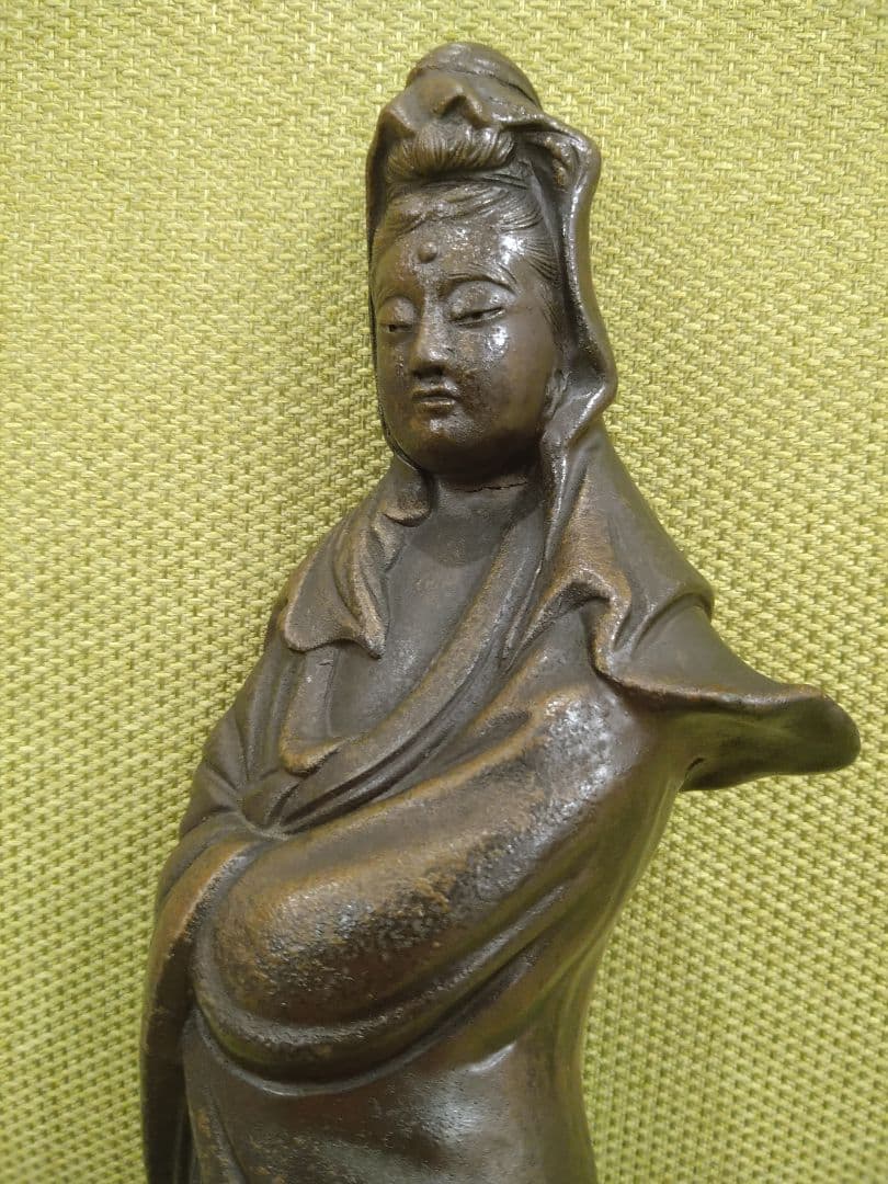 備前焼の 観音像 立像A15、№005、古い備前焼の観音様、希少品、アンティーク