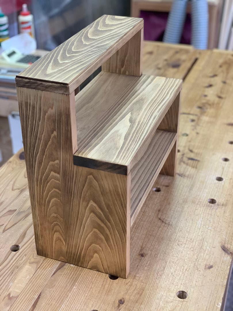 【ヒノキ無垢材】L型カフェシェルフ　アンティーク　キッチンラック