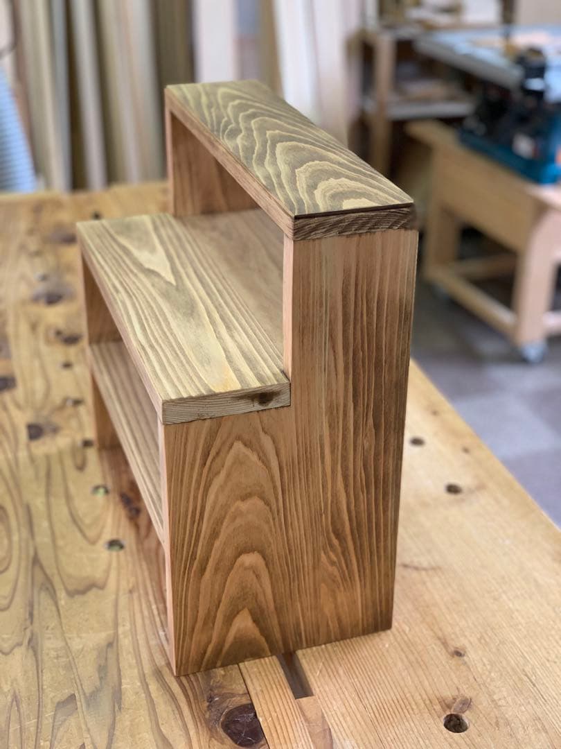 【ヒノキ無垢材】L型カフェシェルフ　アンティーク　キッチンラック