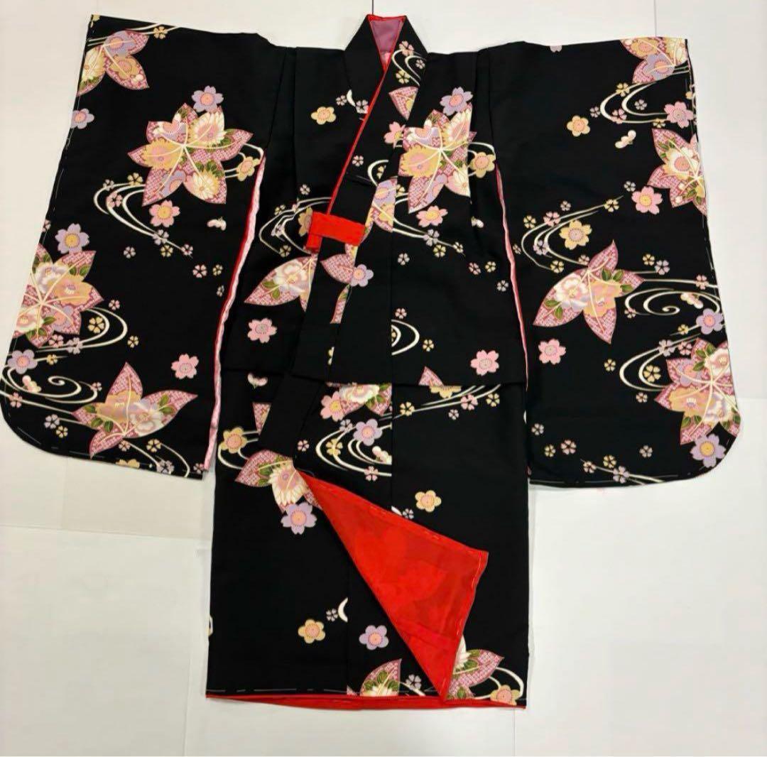 七五三　3歳女の子　着物・被布セット　黒地に紅葉　小桜　うさぎ飾り　日本製　新品