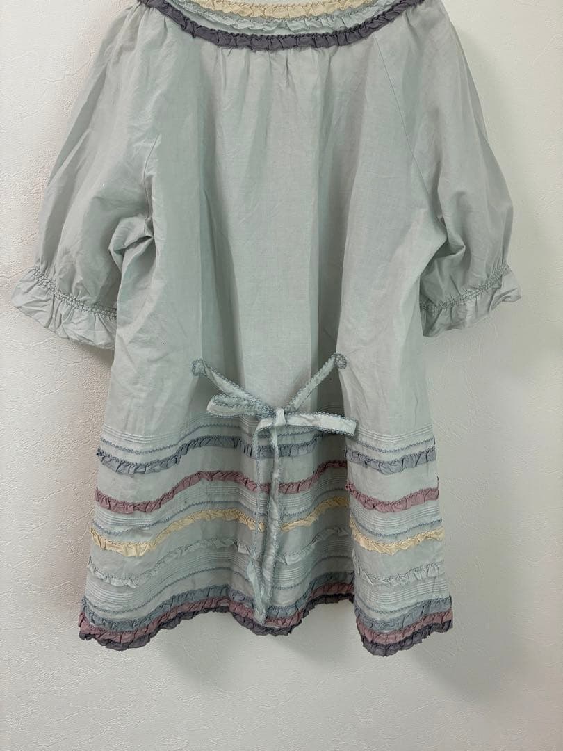 PINK HOUSE スクエアネック フリル ブラウス ライトブルー 半袖シャツ