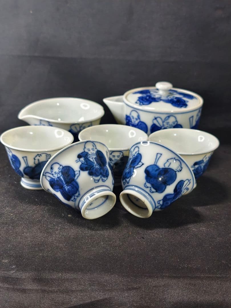 煎茶道具 染付宝瓶急須セット 京焼 手描き唐子の図 未使用美品 旧家蔵出し 骨董