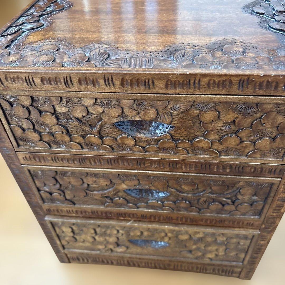 木製彫刻小物収納 3段引き出し　軽井沢彫