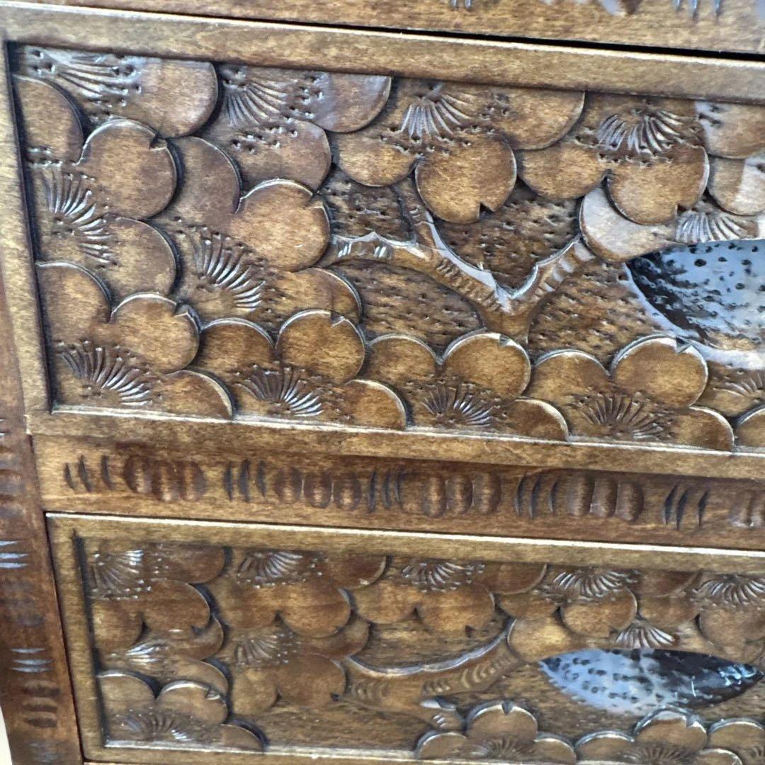 木製彫刻小物収納 3段引き出し　軽井沢彫