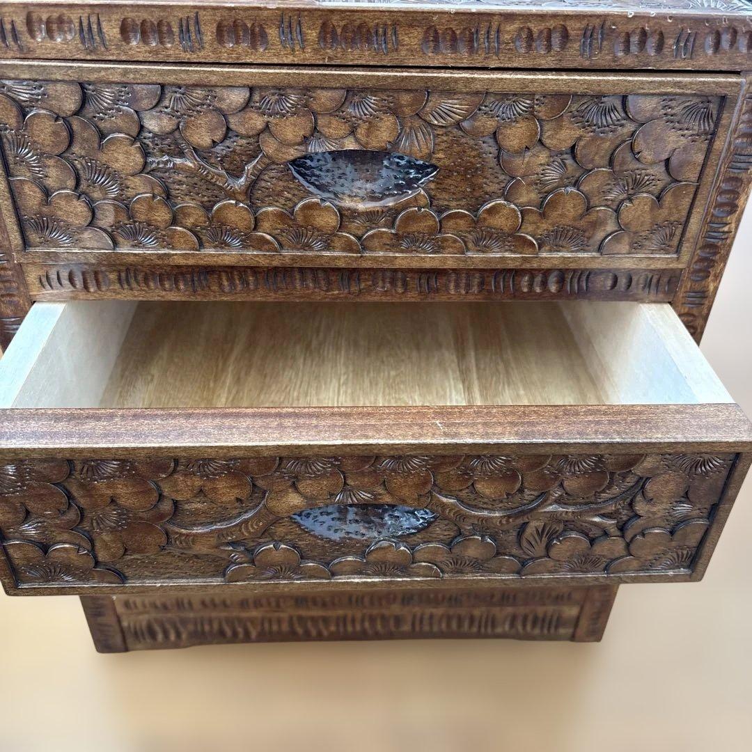 木製彫刻小物収納 3段引き出し　軽井沢彫