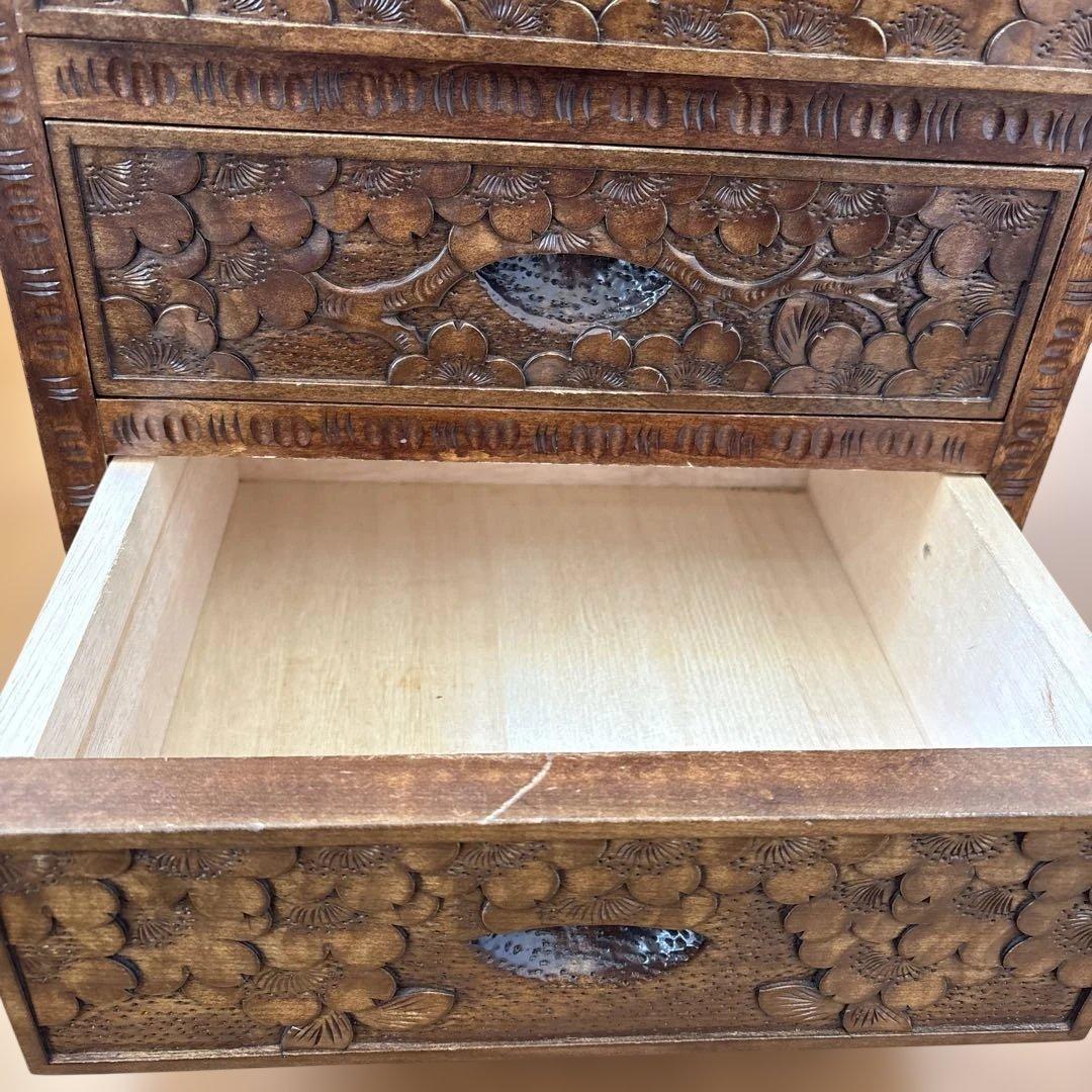 木製彫刻小物収納 3段引き出し　軽井沢彫