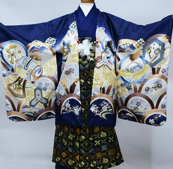 七五三 五歳 男児 羽織袴フルセット L寸 濃紺地 鷹 袴変更可 NO38771