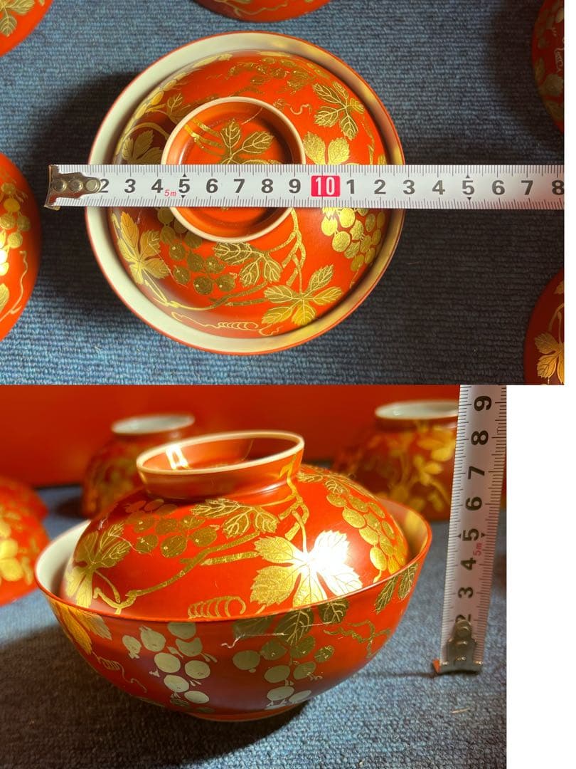 1473  清水焼　平安壹山　金襴手葡萄文　蓋向附　碗　5客　金彩