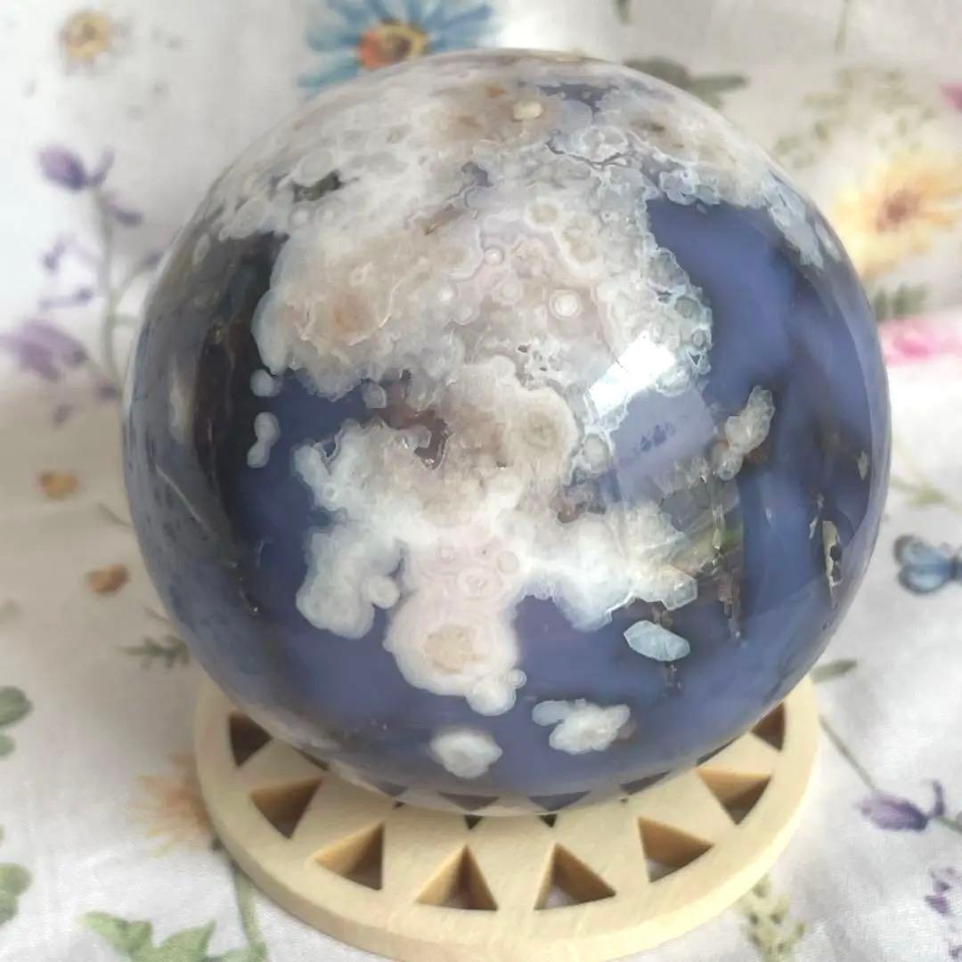 64mm大きなブルー桜瑪瑙 スフィア 天然石 置物