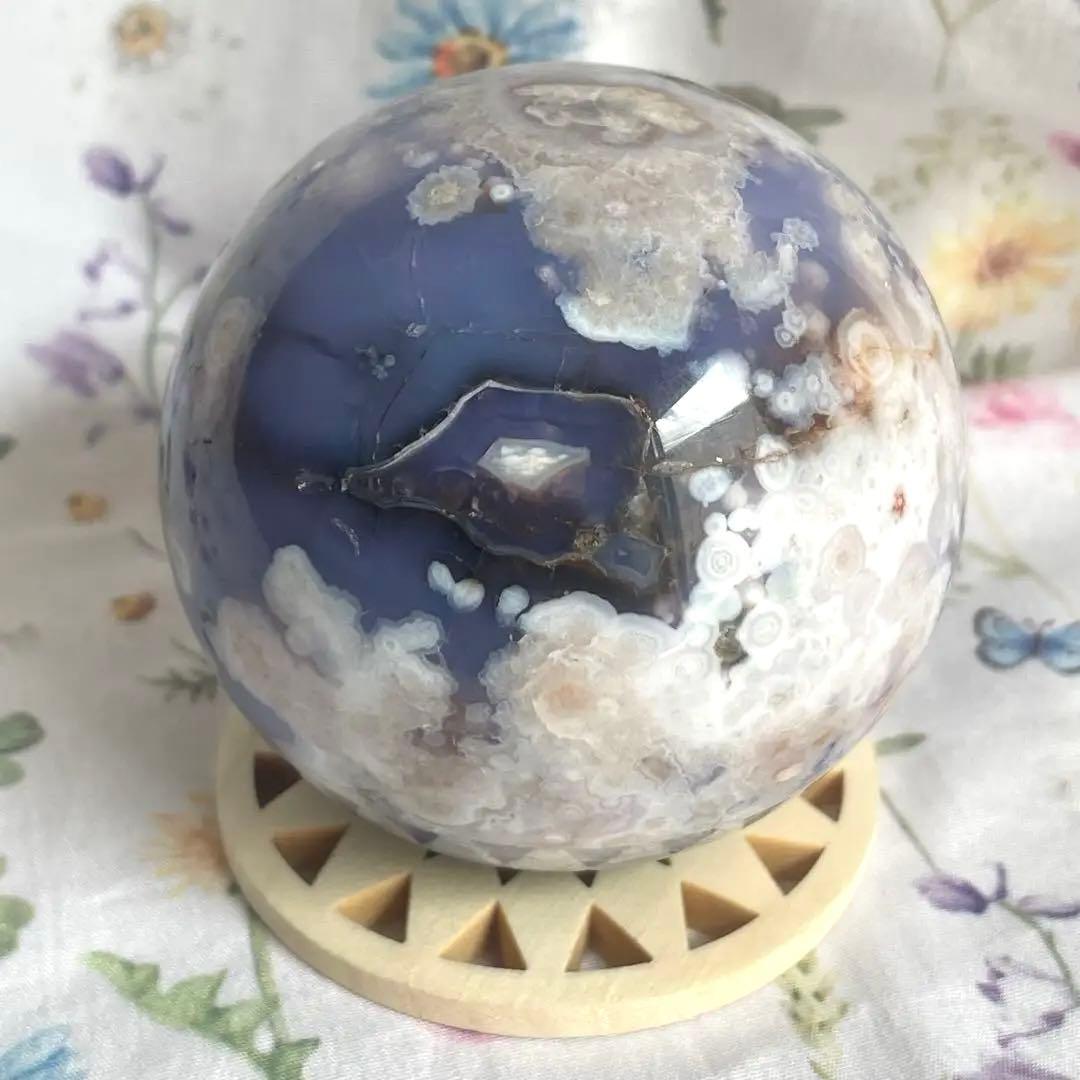 64mm大きなブルー桜瑪瑙 スフィア 天然石 置物