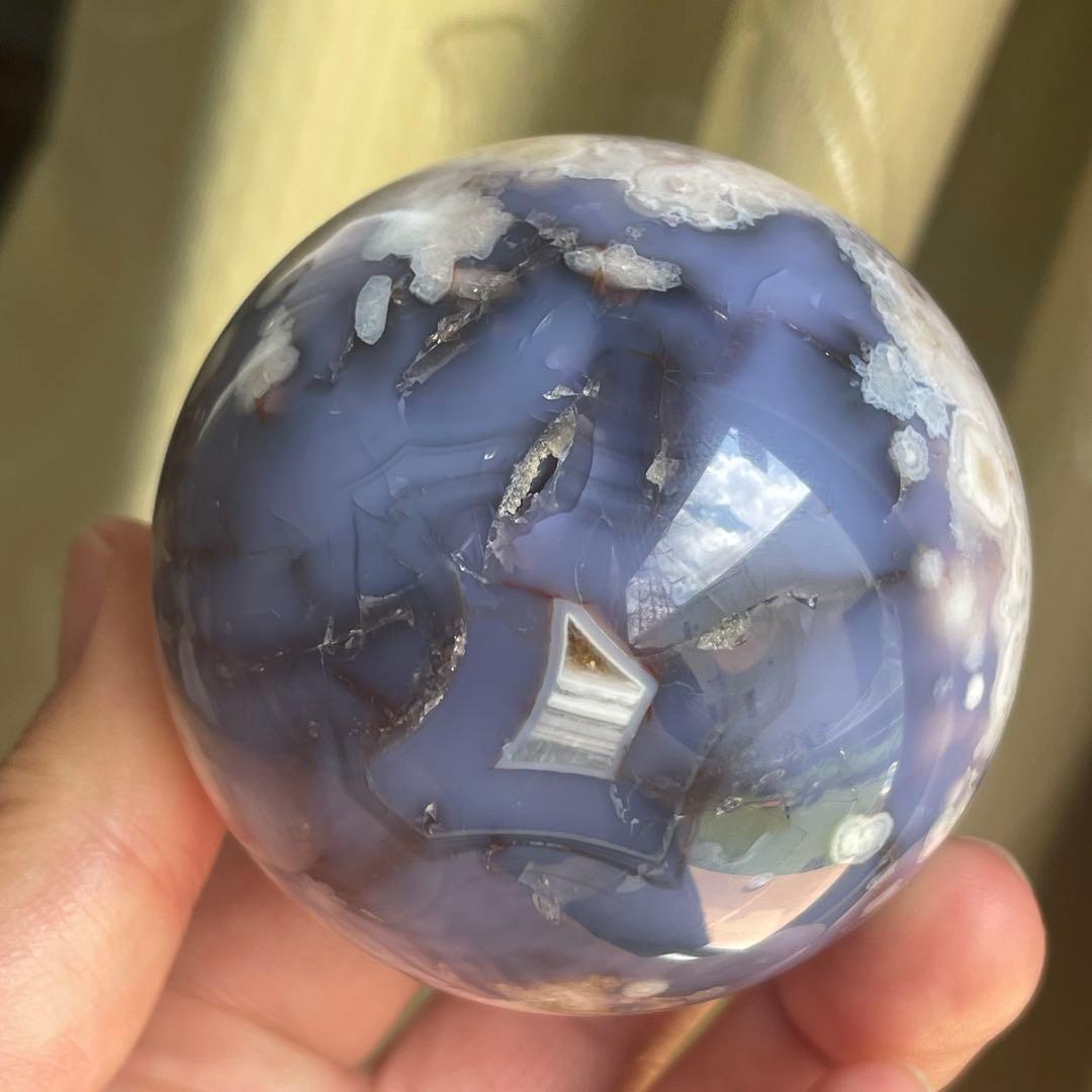 64mm大きなブルー桜瑪瑙 スフィア 天然石 置物