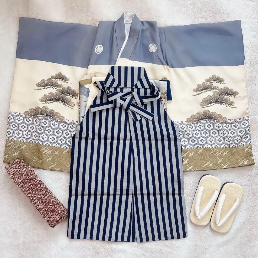 七五三　５歳　男の子　男児　正絹着物　袴　セット　子供着物　青　紺　雪駄　角帯