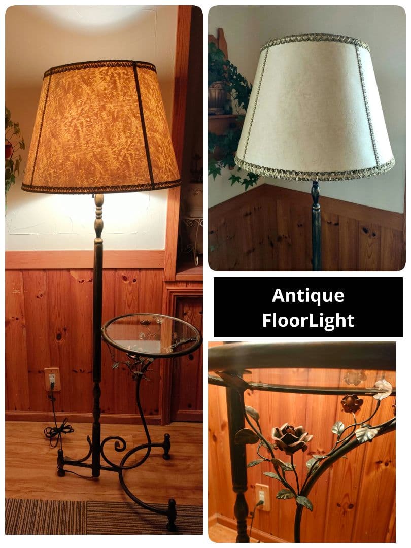 希少　アンティークフロアライト　アイアンガラステーブル　レトロ　ローズ装飾
