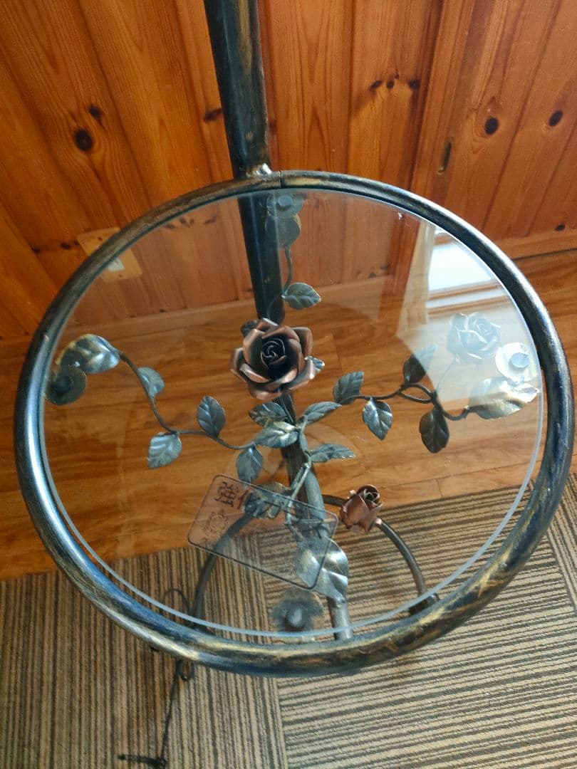 希少　アンティークフロアライト　アイアンガラステーブル　レトロ　ローズ装飾