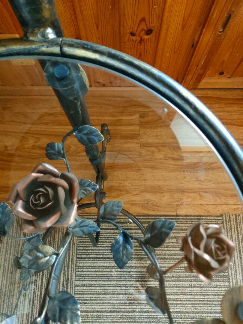 希少　アンティークフロアライト　アイアンガラステーブル　レトロ　ローズ装飾