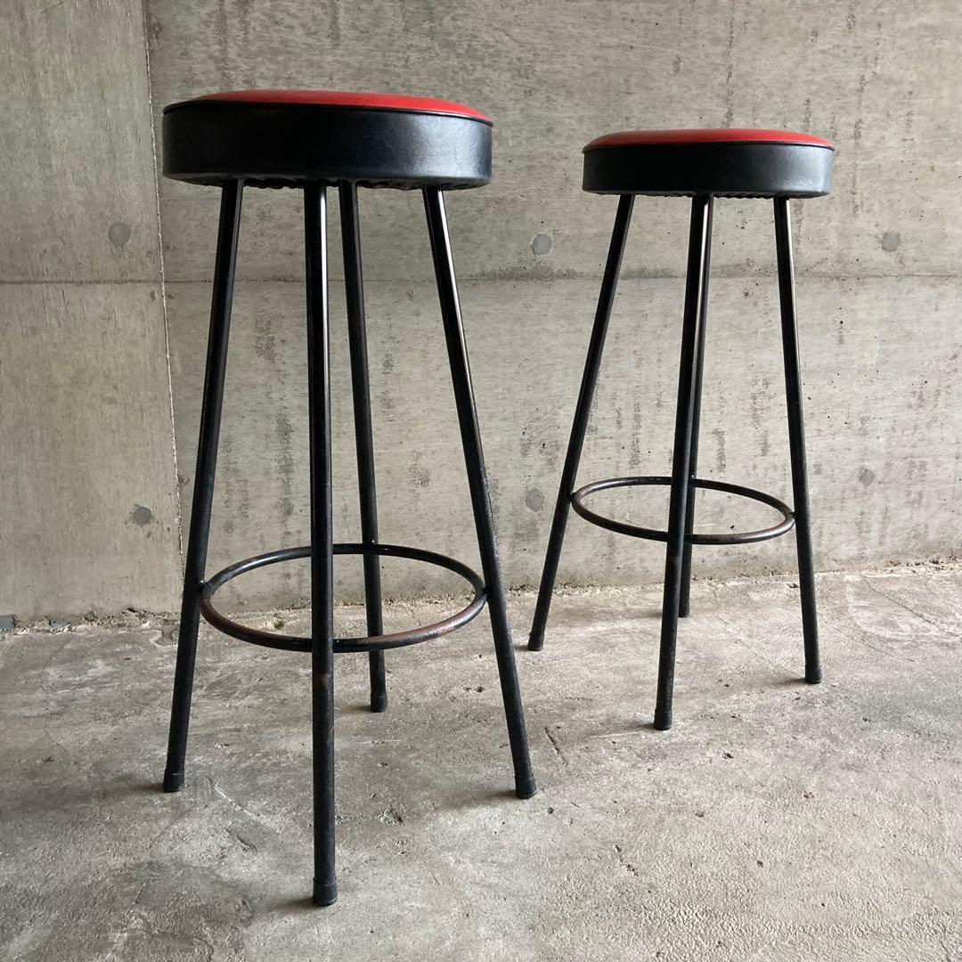 ハイスツール 丸椅子 チェア 鉄脚 アイアン 食堂 赤黒 2脚 ポップ レトロ