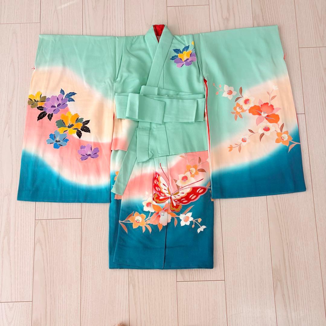 七五三 子供　着物　グリーン　水色　襦袢付き　３歳