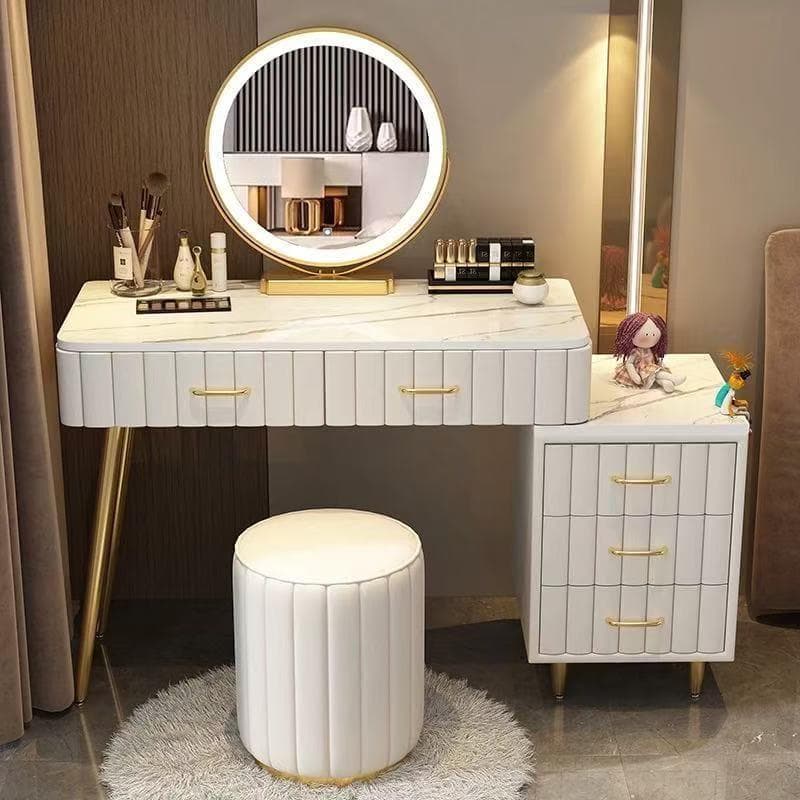 ホワイト木大理石天板コンセント付化粧台デスクのみ製訳あり品108-80-02