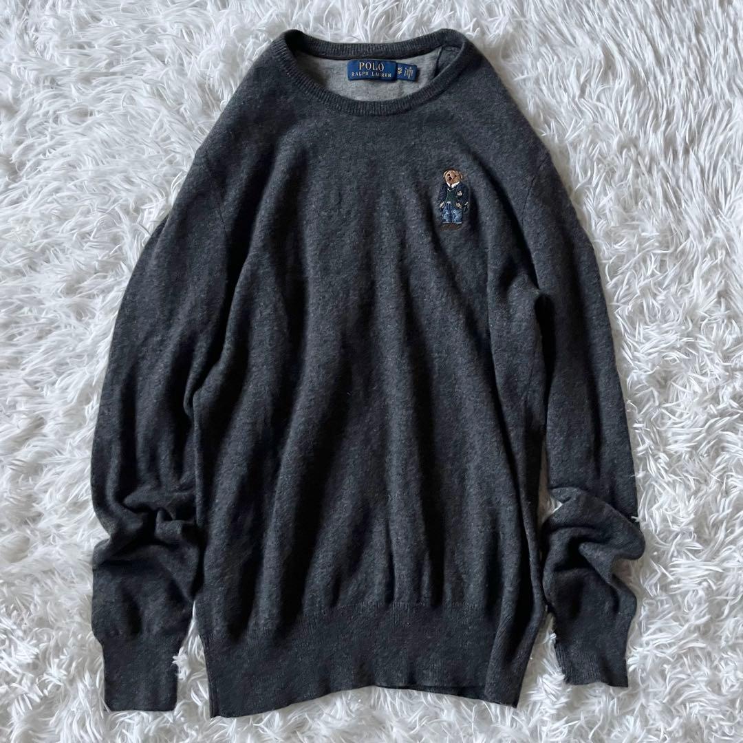 美品✨ ポロラルフローレン 長袖ニット ポロベア 刺繍 グレー クルーネック