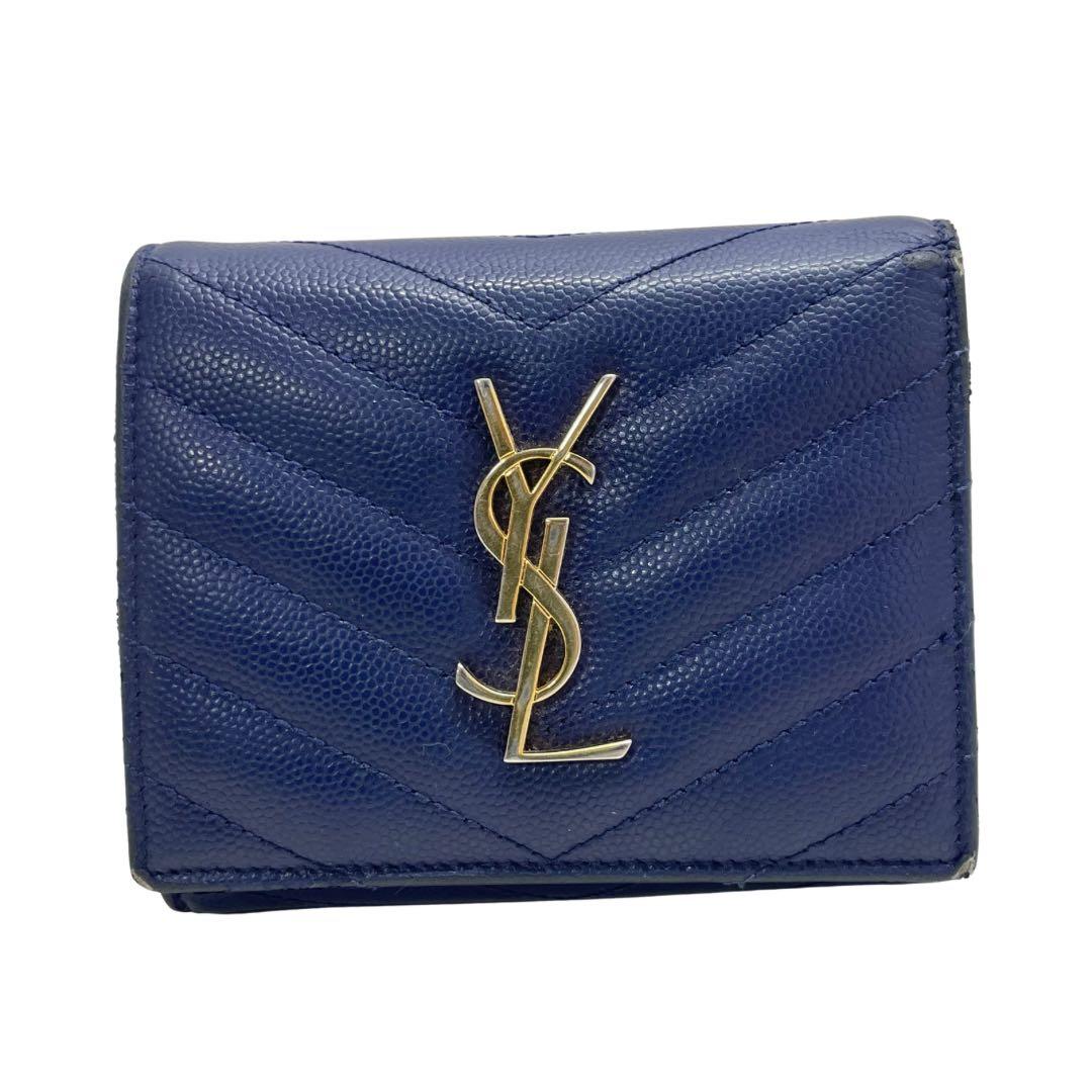1636 イヴサンローラン 三つ折り財布 Vスティッチ ブルー レザー