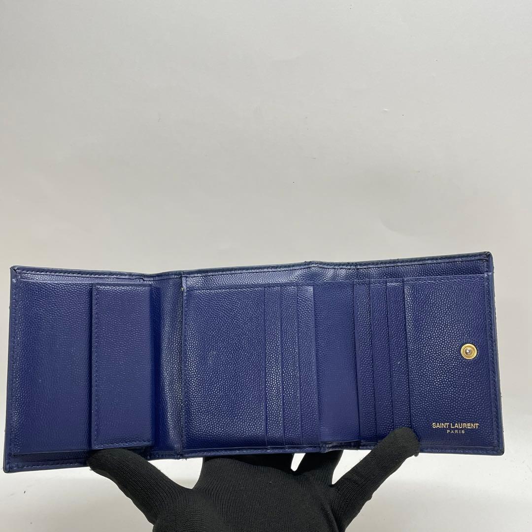 1636 イヴサンローラン 三つ折り財布 Vスティッチ ブルー レザー