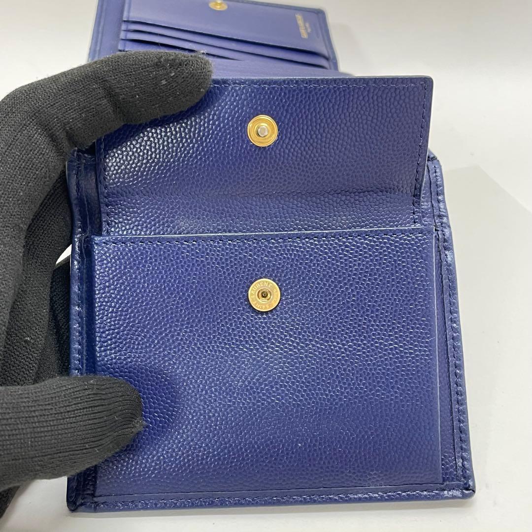 1636 イヴサンローラン 三つ折り財布 Vスティッチ ブルー レザー