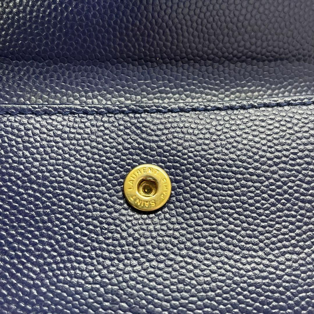 1636 イヴサンローラン 三つ折り財布 Vスティッチ ブルー レザー