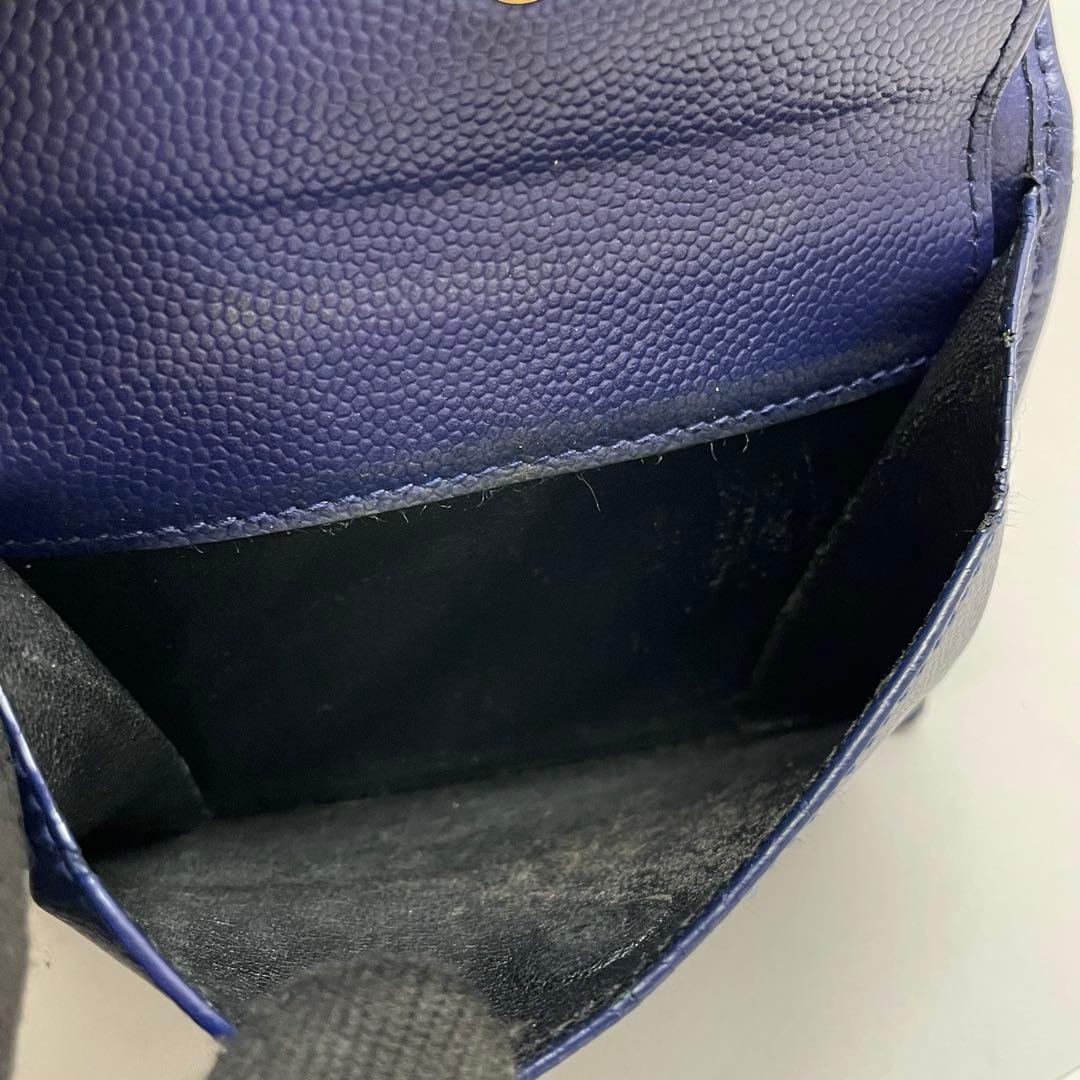 1636 イヴサンローラン 三つ折り財布 Vスティッチ ブルー レザー