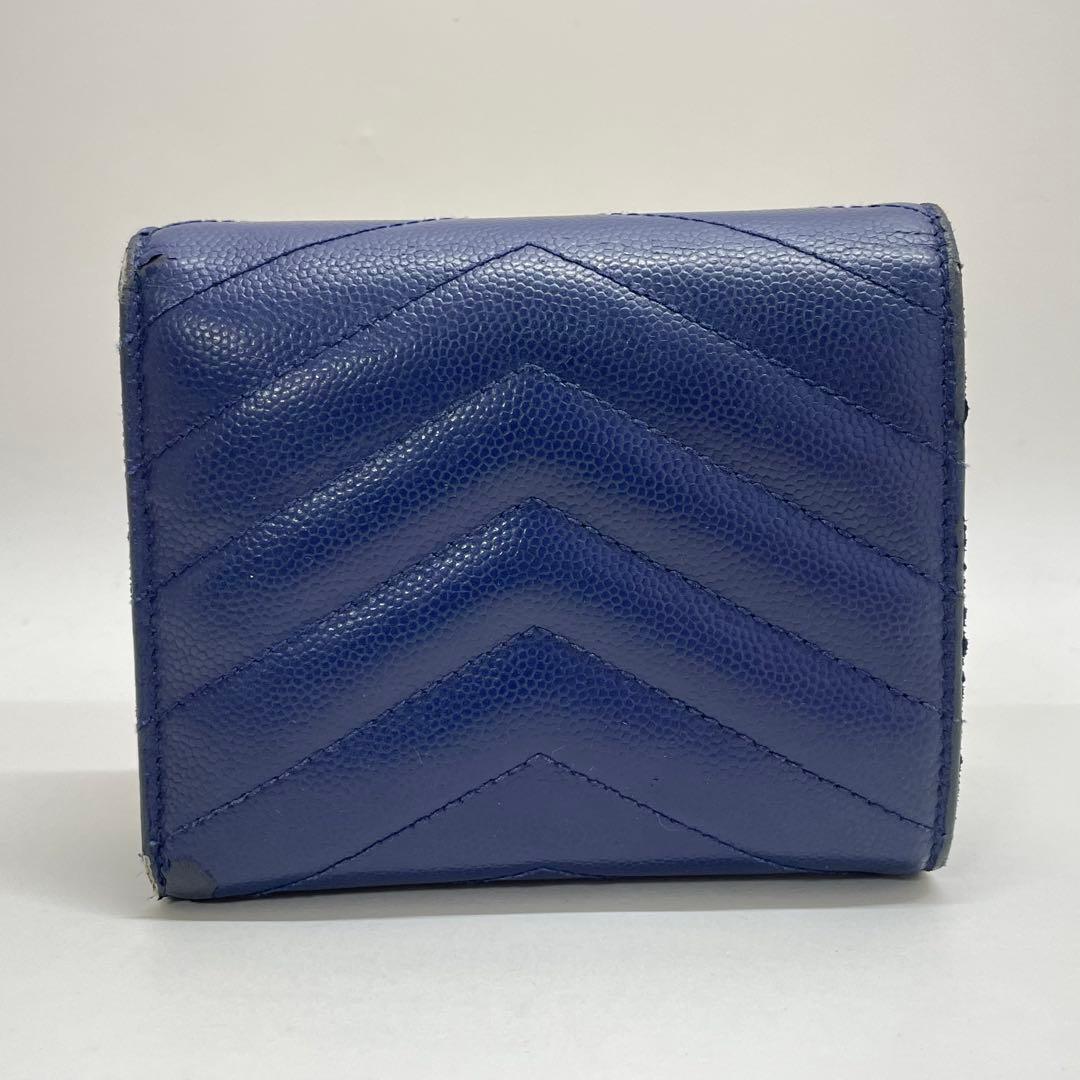1636 イヴサンローラン 三つ折り財布 Vスティッチ ブルー レザー