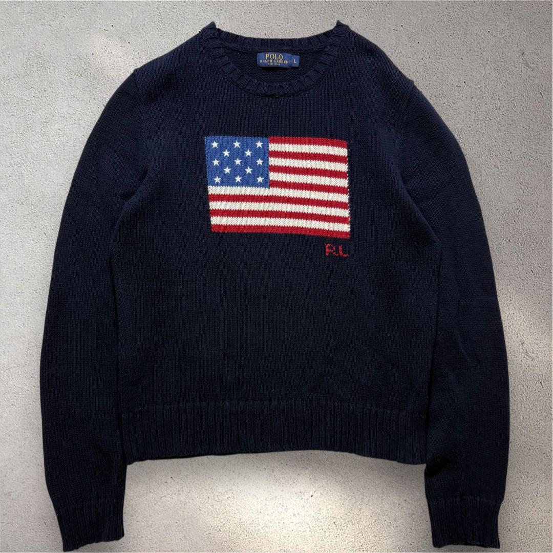 【USA製】ポロラルフローレン　星条旗　コットン　ニット　セーター