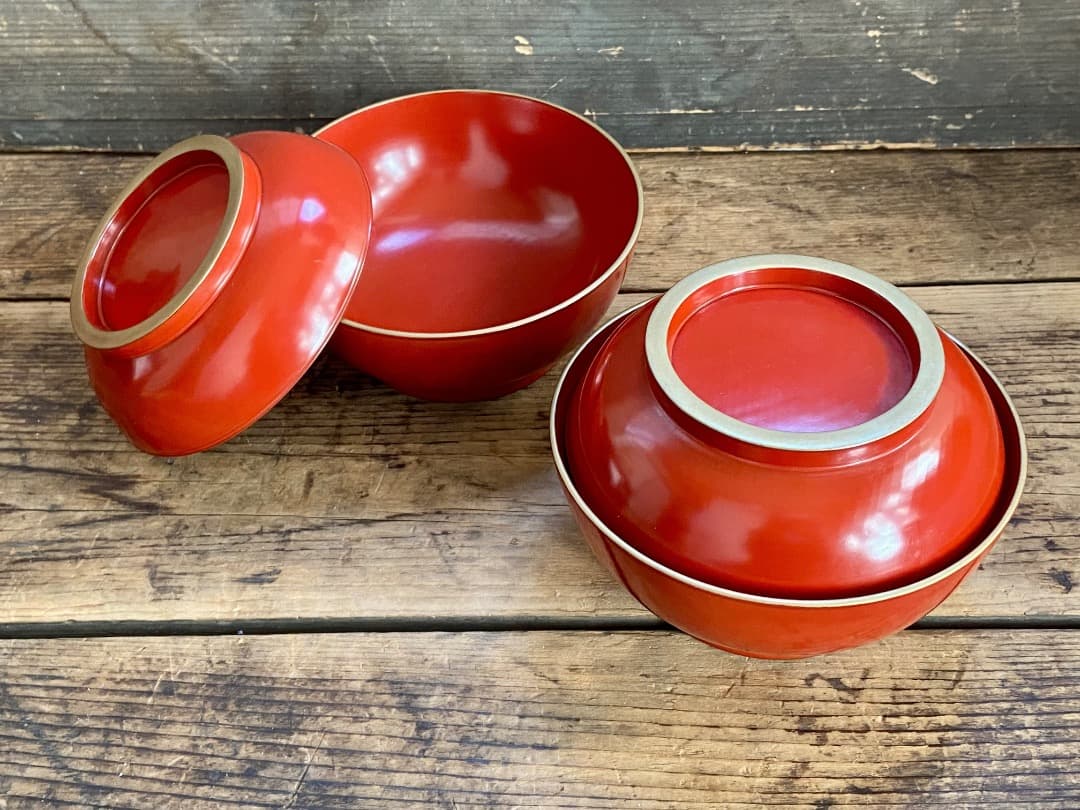 能登蔵出し 輪島塗 朱漆 金縁 煮物椀 2客 / 朱漆 漆器椀 懐石椀 雑煮椀