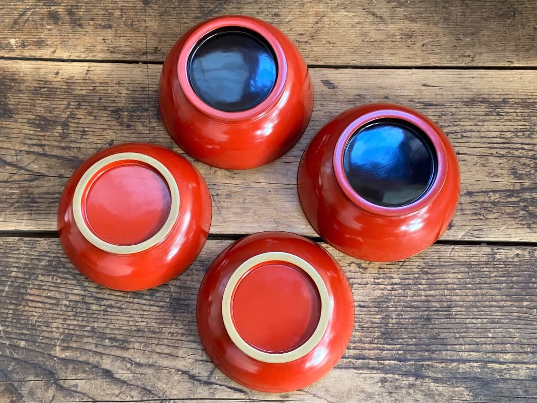 能登蔵出し 輪島塗 朱漆 金縁 煮物椀 2客 / 朱漆 漆器椀 懐石椀 雑煮椀