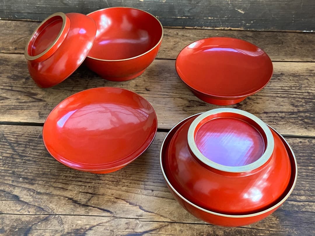 能登蔵出し 輪島塗 朱漆 金縁 煮物椀 2客 / 朱漆 漆器椀 懐石椀 雑煮椀