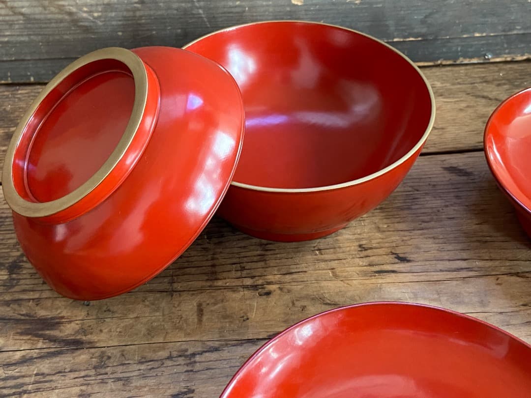 能登蔵出し 輪島塗 朱漆 金縁 煮物椀 2客 / 朱漆 漆器椀 懐石椀 雑煮椀