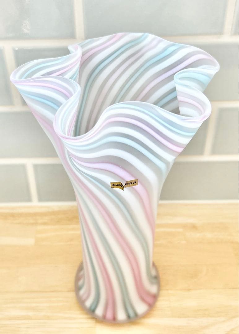 レトロ ガラス 花瓶 フラワーベース フリル カメイ ミッドセンチュリー 未使用