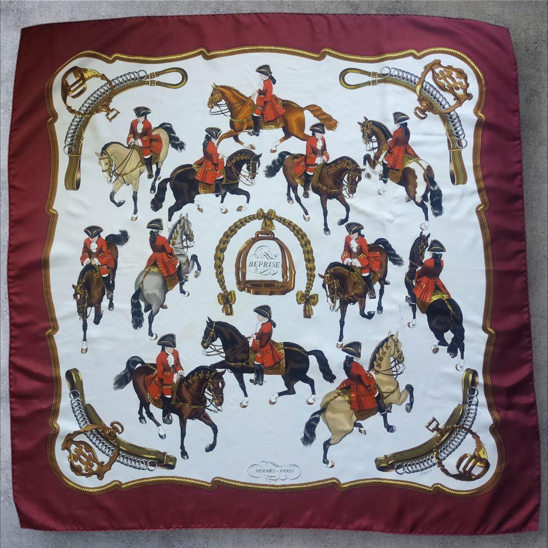【美品】HERMES エルメス カレ90 REPRISE 乗馬風景 ボルドー系