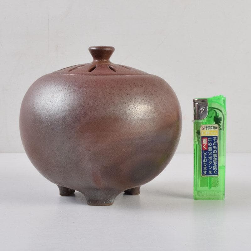 丹波焼　大上昇作　赤土部釉　香炉　共布共箱　C　8733
