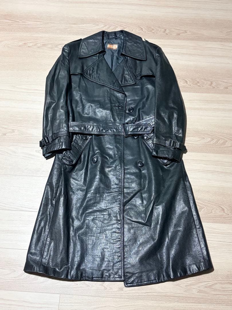 古着 ヴィンテージ レザートレンチコート 本革 黒 ロング丈 マキシ丈