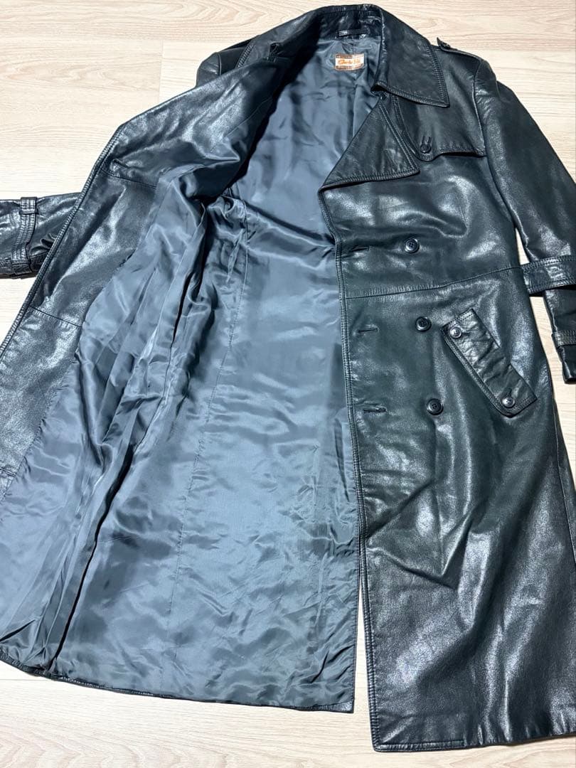 古着 ヴィンテージ レザートレンチコート 本革 黒 ロング丈 マキシ丈