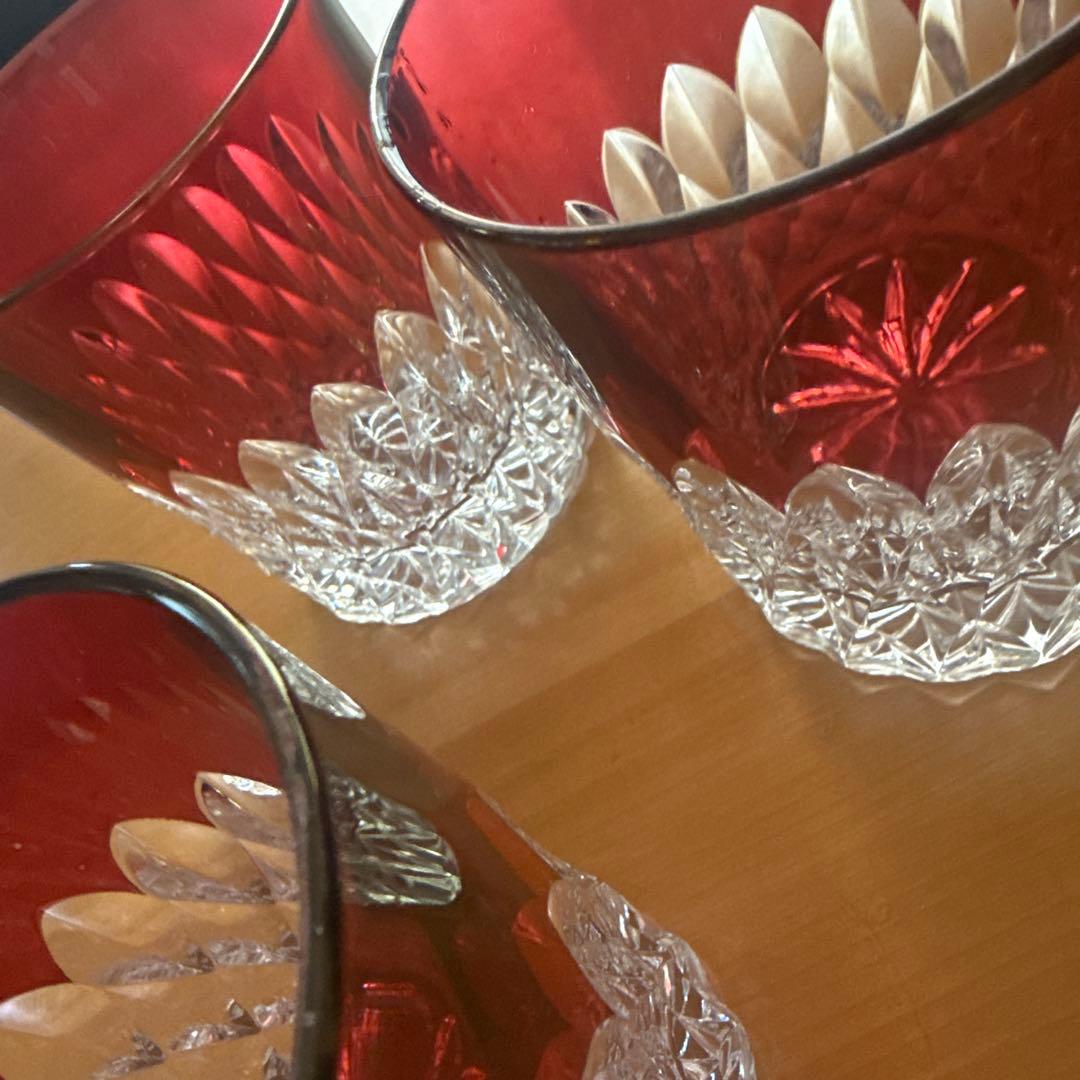 80's未使用★アンティークカットガラス被せガラス３個セット