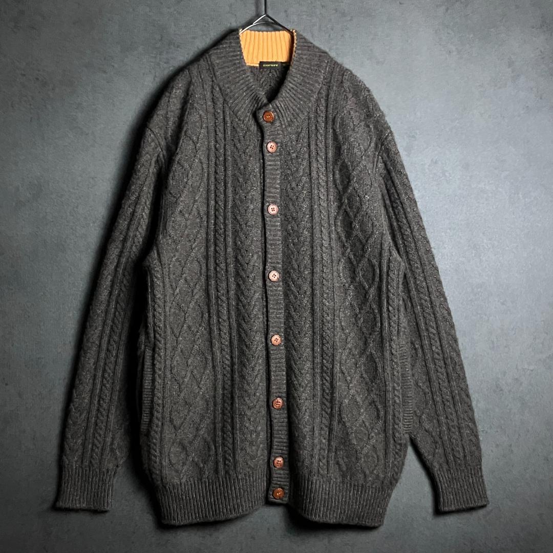 未使用級 カシミヤ100% ケーブル編み ニットカーディガン ブラウン L