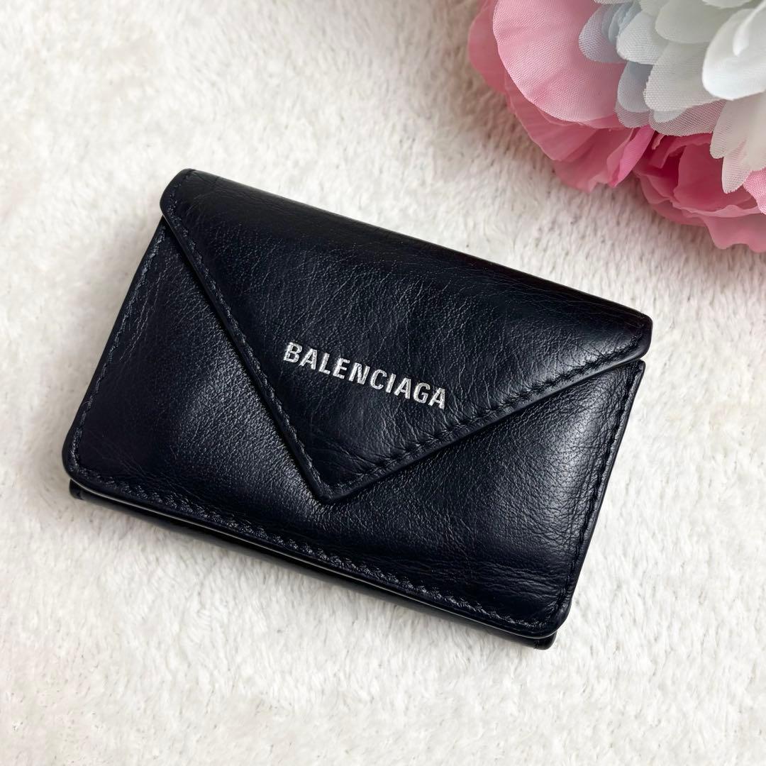 【美品✨】バレンシアガ 三つ折り財布 ペーパーミニウォレット レザー 黒