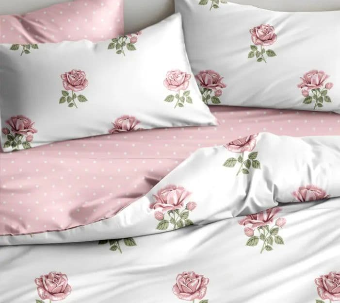新品★綿100%白ピンク薔薇＋ピンク水玉シングル→ダブル掛け布団カバーセット