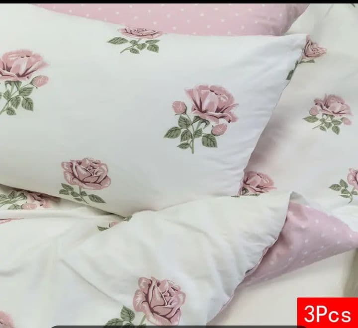 新品★綿100%白ピンク薔薇＋ピンク水玉シングル→ダブル掛け布団カバーセット