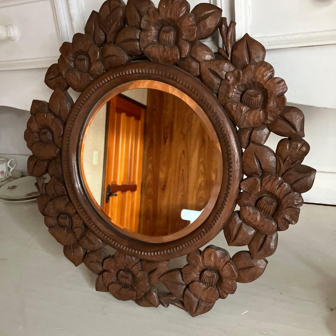 アンティーク　花の装飾 木製鏡 直径約43cm