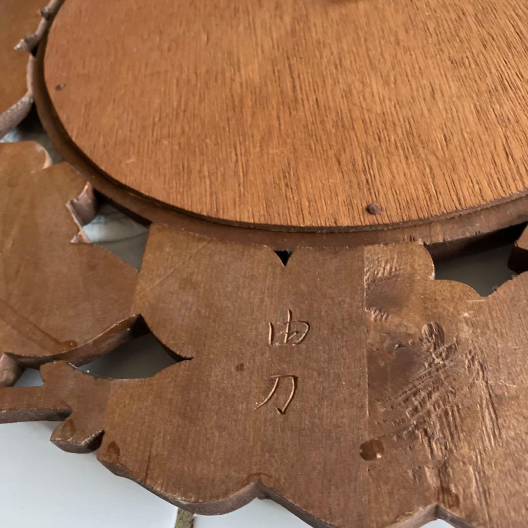 アンティーク　花の装飾 木製鏡 直径約43cm