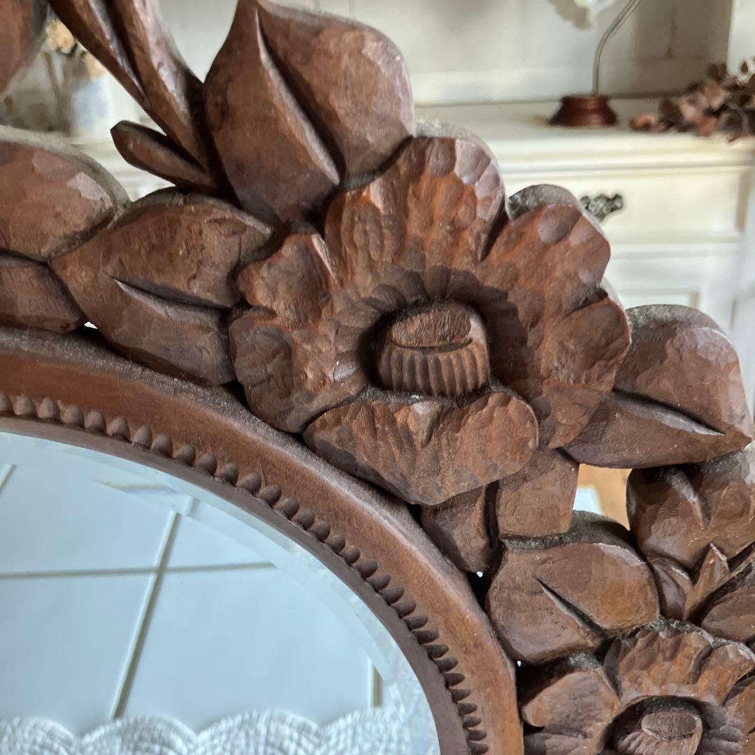 アンティーク　花の装飾 木製鏡 直径約43cm