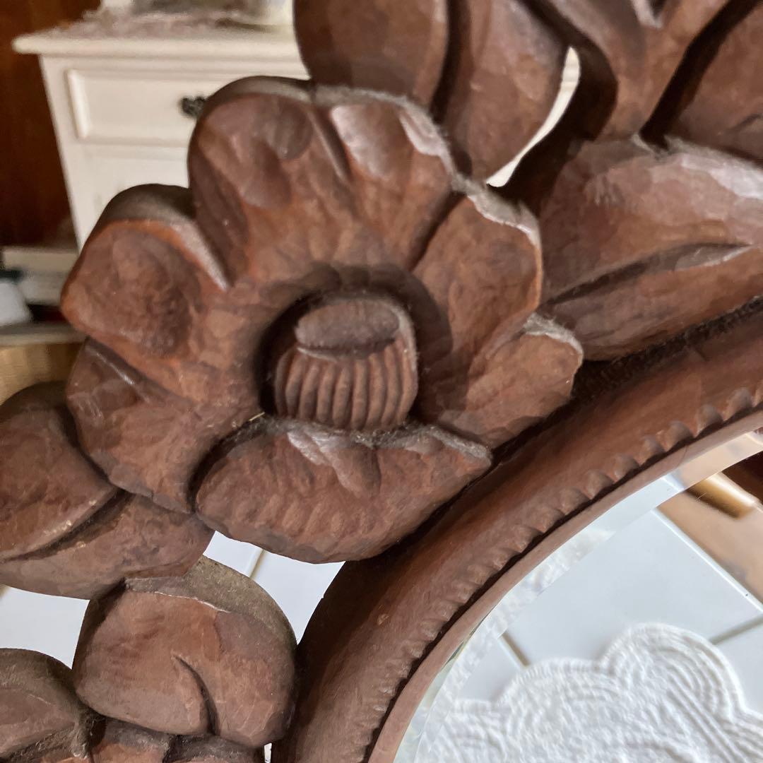 アンティーク　花の装飾 木製鏡 直径約43cm