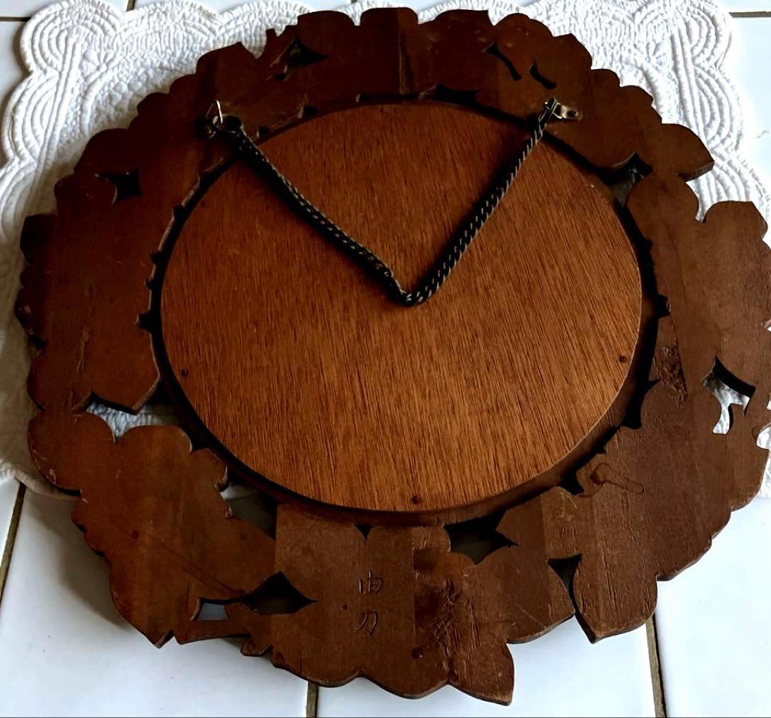 アンティーク　花の装飾 木製鏡 直径約43cm