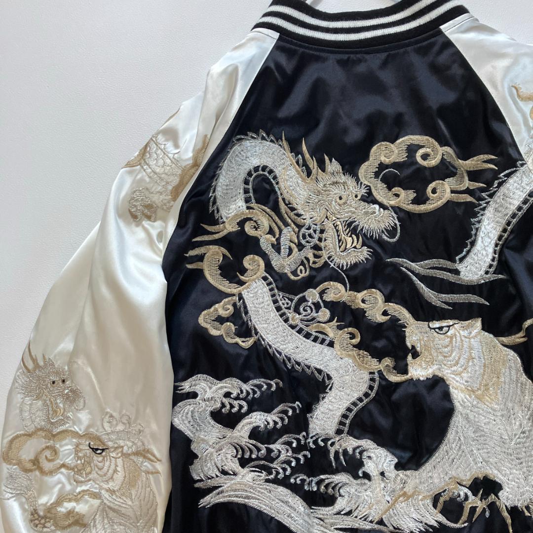 【風太】Hoshihime スカジャン 龍虎 刺繍 黒×白 フリーサイズ